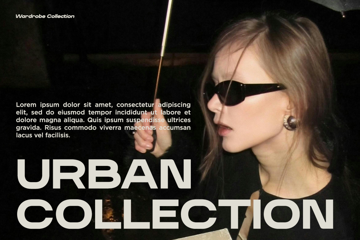Woman in dark sunglasses with minimalist vibe, moody lighting, urban wardrobe collection mockup