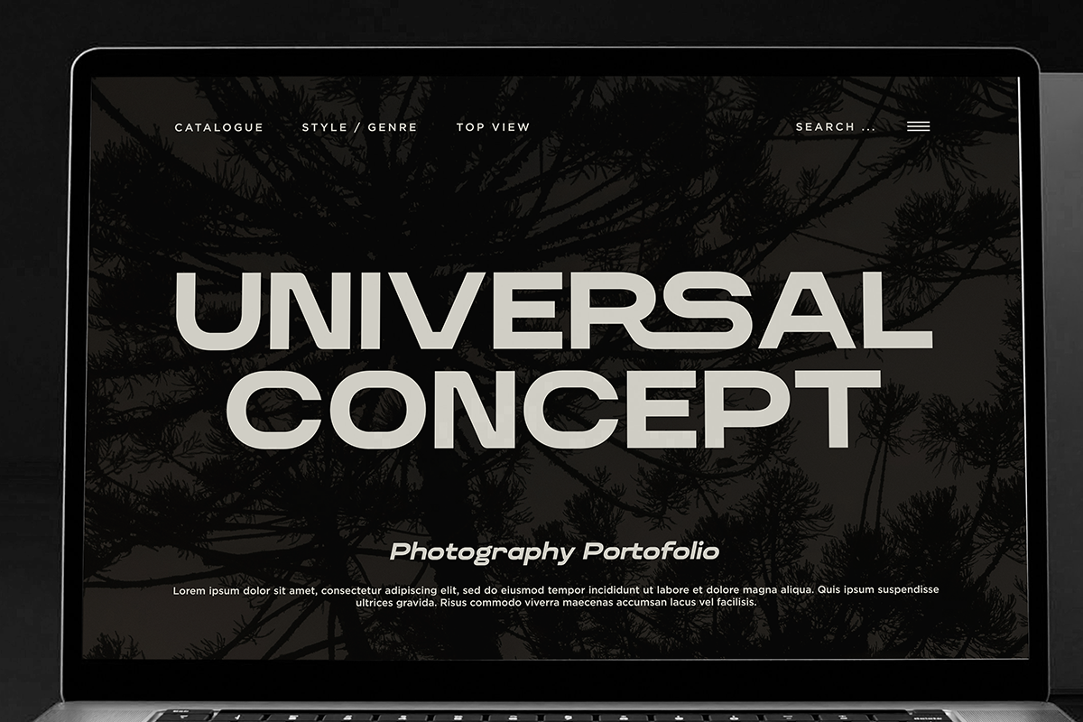 Laptop screen showing dark website layout with bold white typography saying Universal Concept over tropical leaf background