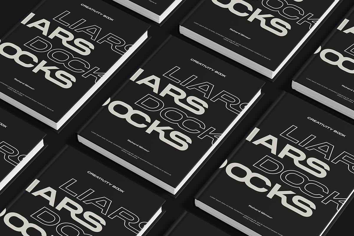 Multiple black book covers fanned out showing "Liar's Book" typography mockup in white outline lettering