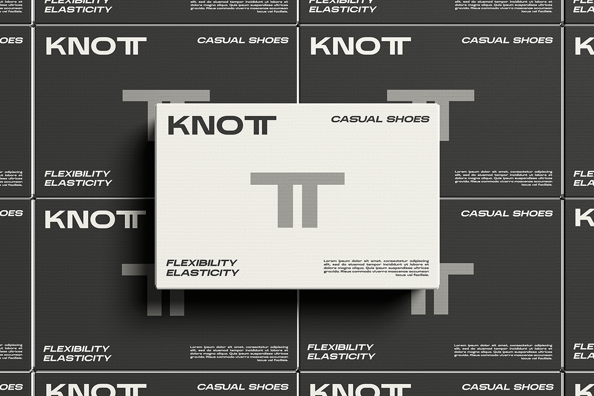 Knott casual shoes brand mockup with cream box floating over dark grid background