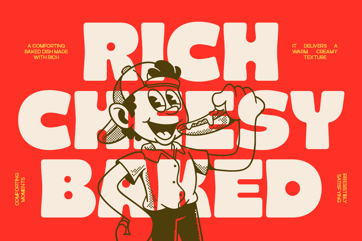 Retro chef character holding a steaming dish on bright red background with bold typography