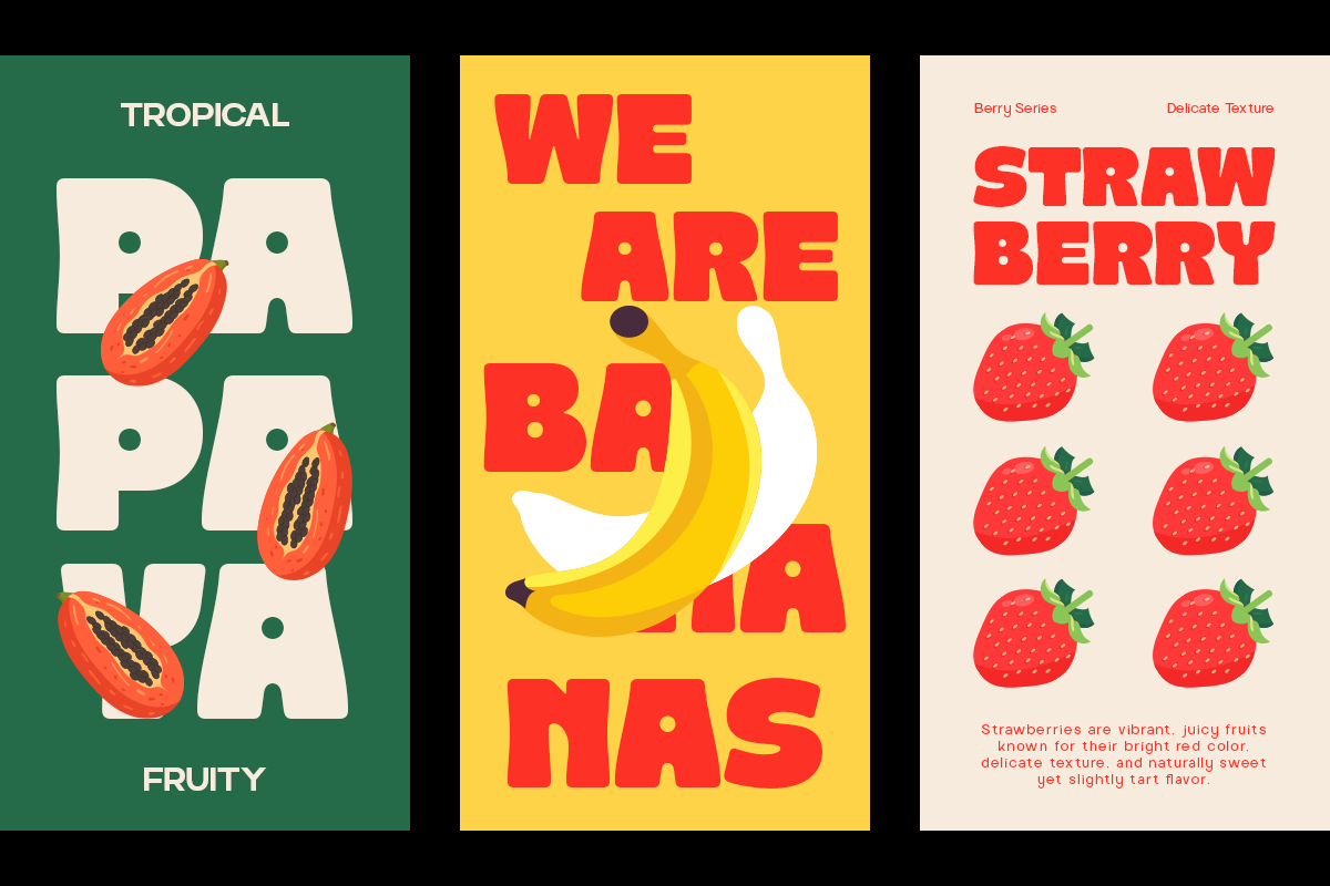 Colorful fruit poster mockups with bold typography, tropical papaya design, banana fruit illustration, strawberry pattern layout