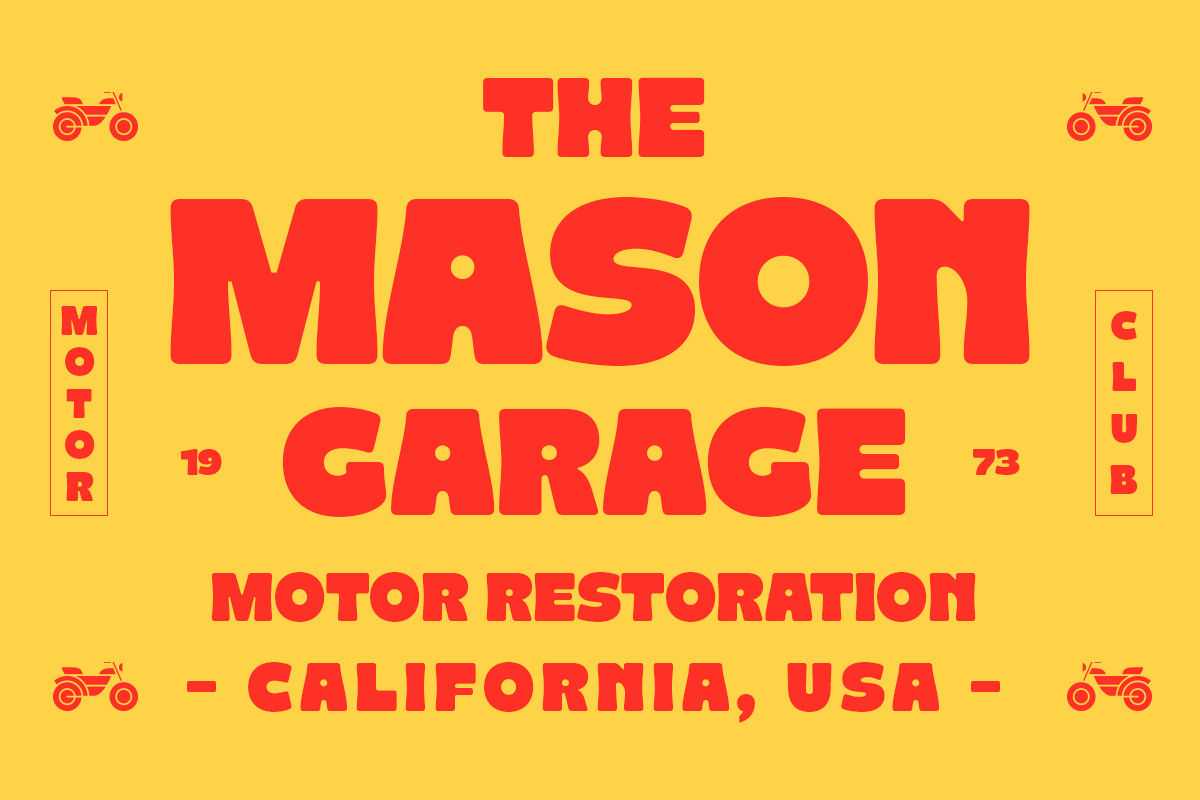 Retro garage poster with bold red letters on yellow background, motorcycle icons, vintage vibe