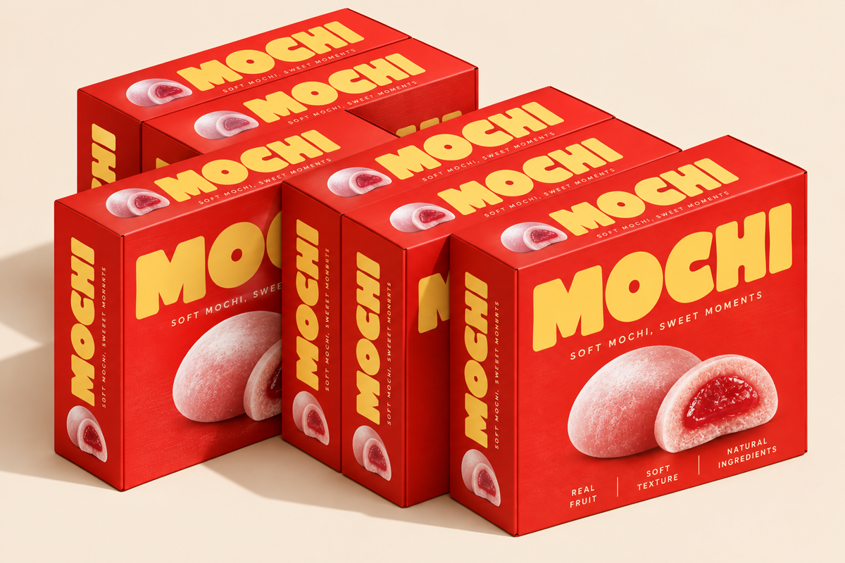 Bright red mochi candy box mockup with bold yellow typography, multiple angle views showing product packaging design