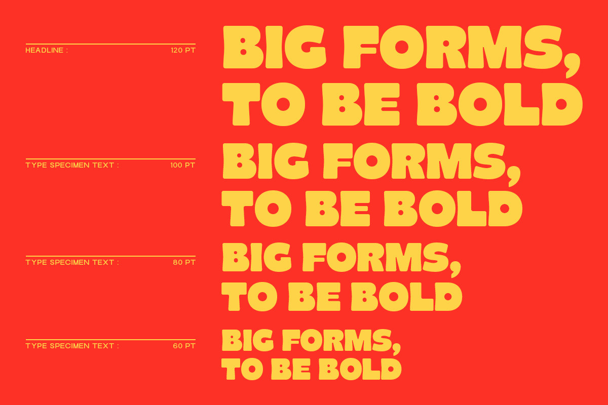 Bold yellow sans serif type specimen showing descending sizes on bright red background