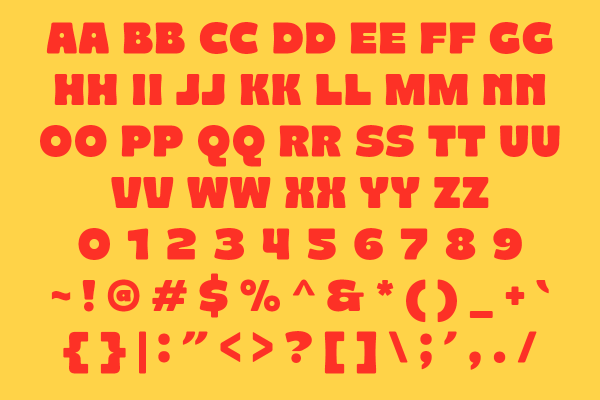 Bold red chunky typeface with full alphabet, numbers, plus all the punctuation marks you'd need