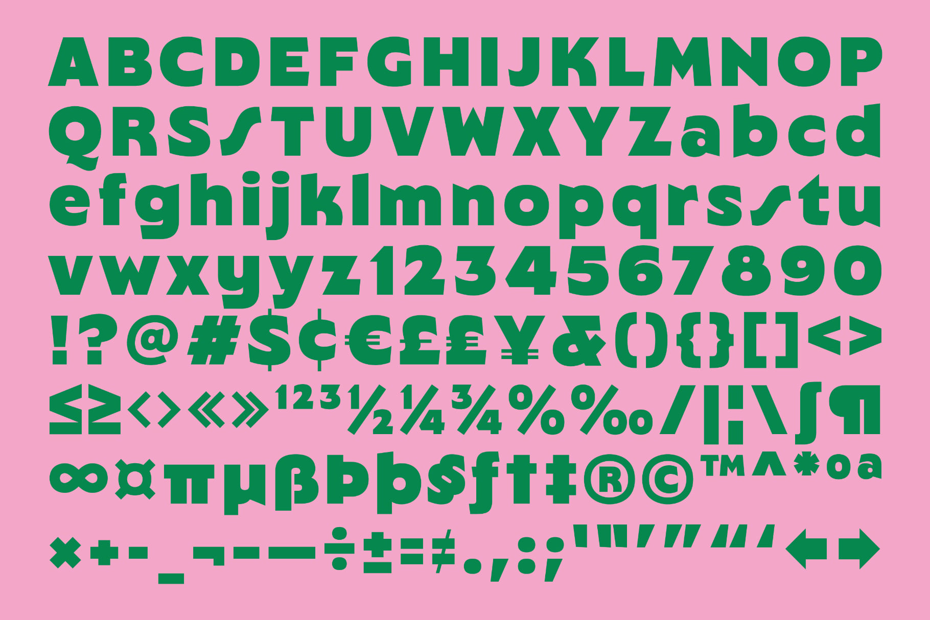 Bold green sans serif font with full character set on hot pink background