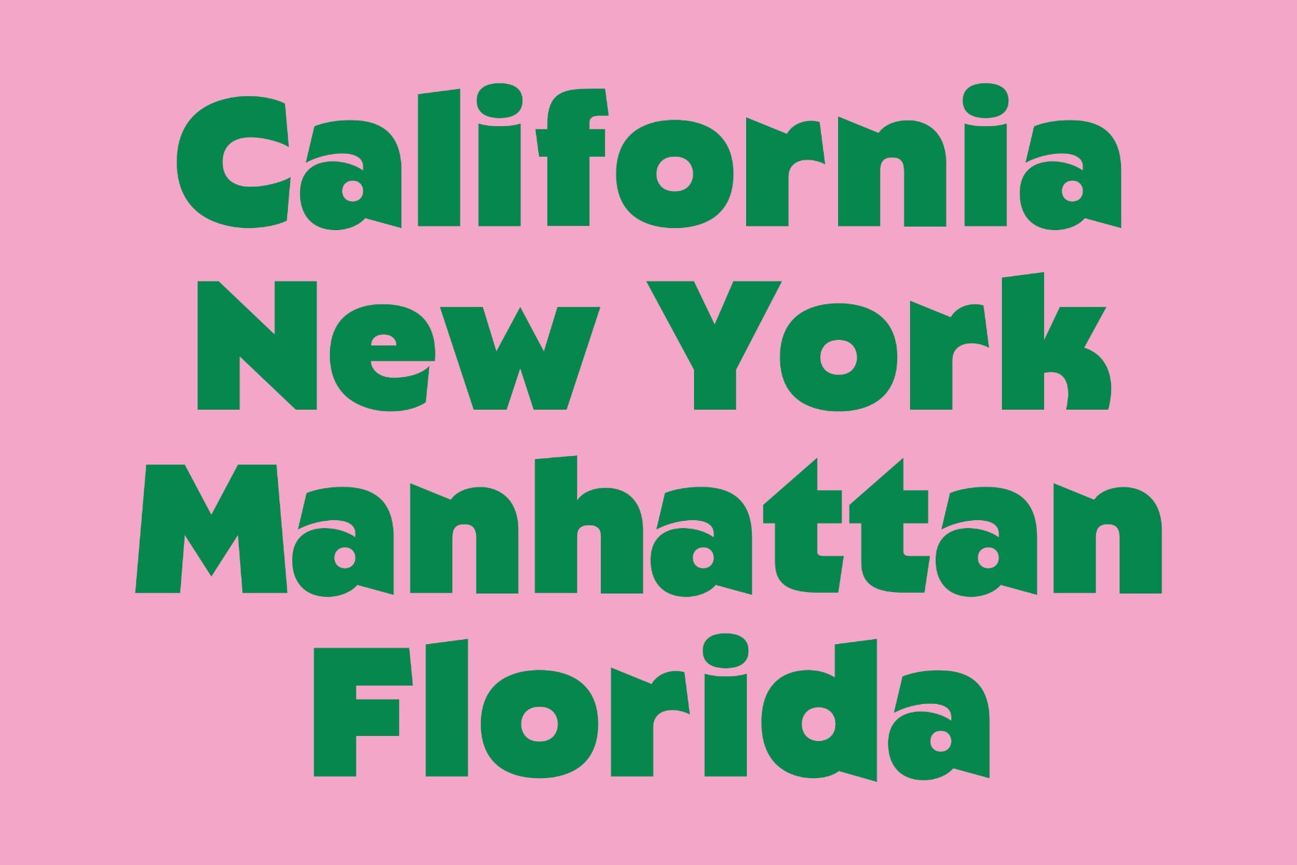 Bold green sans serif type stacked vertically listing US cities on hot pink background
