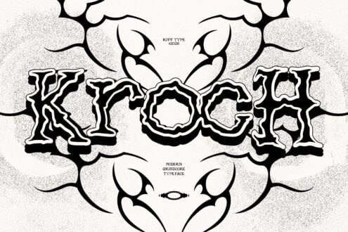 Grunge distressed typeface with thick outlines, surrounded by organic blob shapes on textured background