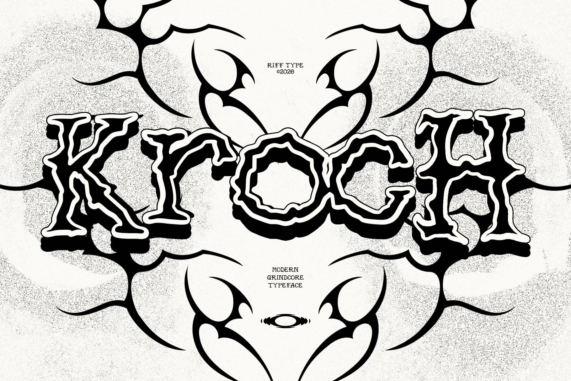 Grunge distressed typeface with thick outlines, surrounded by organic blob shapes on textured background