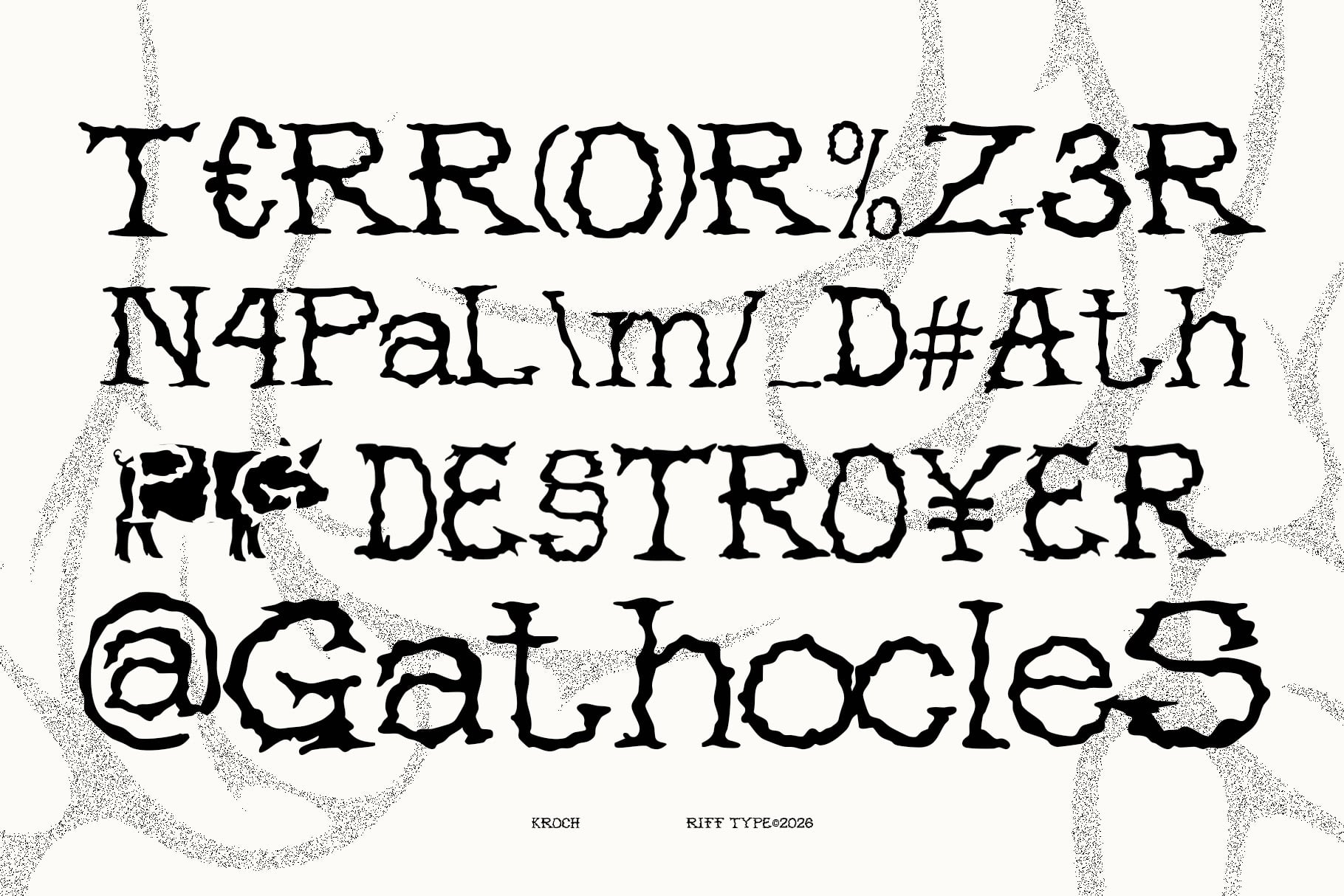 Distressed typeface with jagged edges, glitchy letterforms, creepy vibe perfect for horror designs