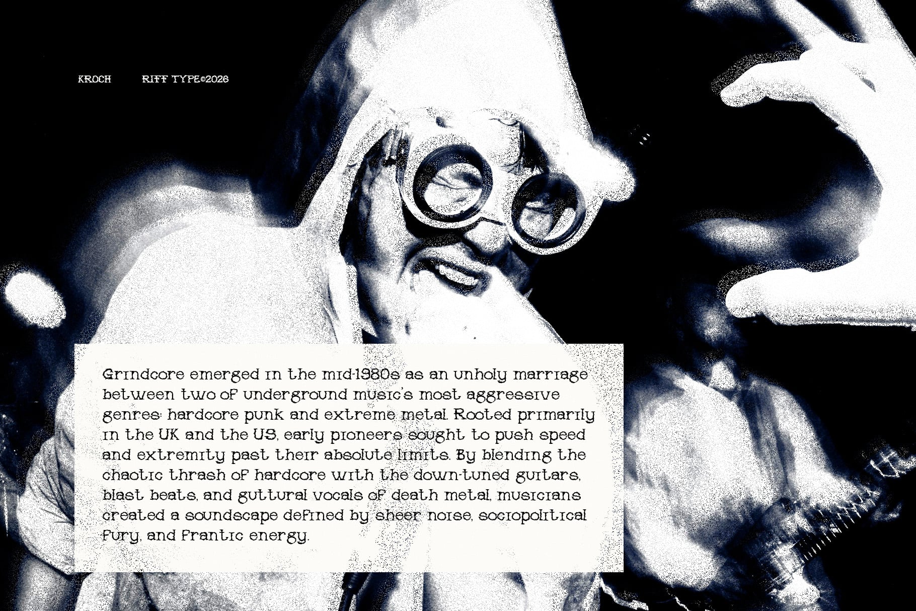 Grainy black-and-white photo of person wearing thick round glasses with typewriter text overlay about grindcore music history
