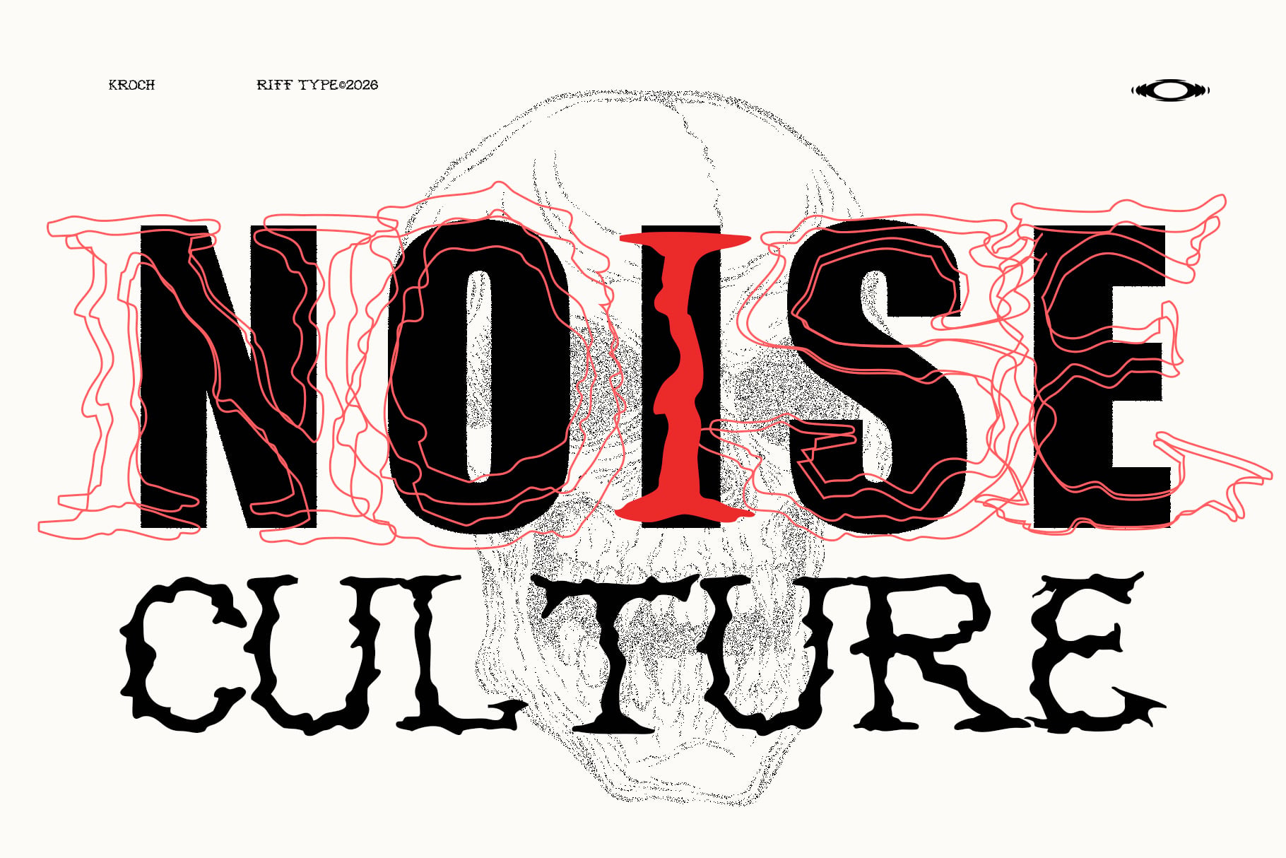 Noise Coffee font display with red, black, distressed lettering over organic line art patterns