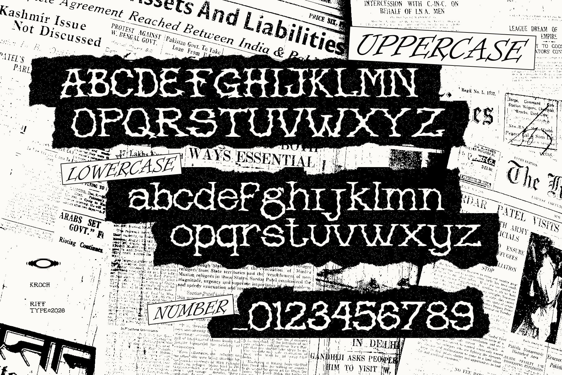 Distressed typeface with uppercase, lowercase, numbers layered over grungy newspaper clippings