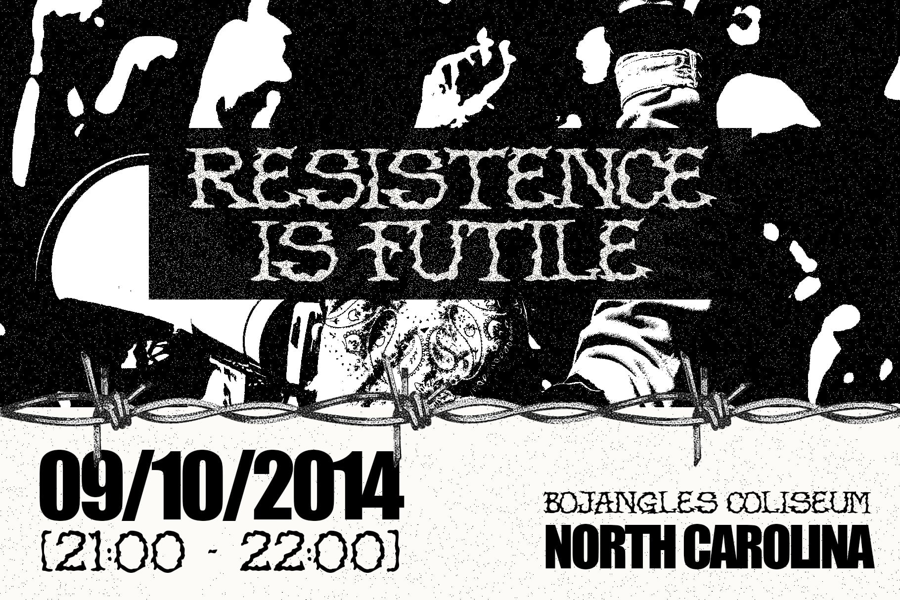 Resistance is Futile gig poster with grainy black-white aesthetic, barbed wire, silhouettes, 2014 concert flyer mockup