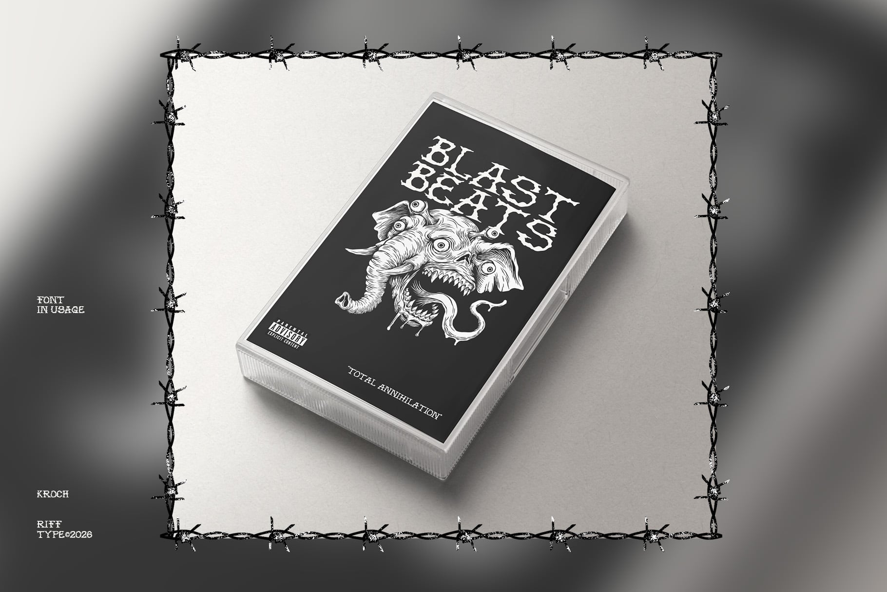 Blast Beast cassette mockup with spiky monster illustration on black cover