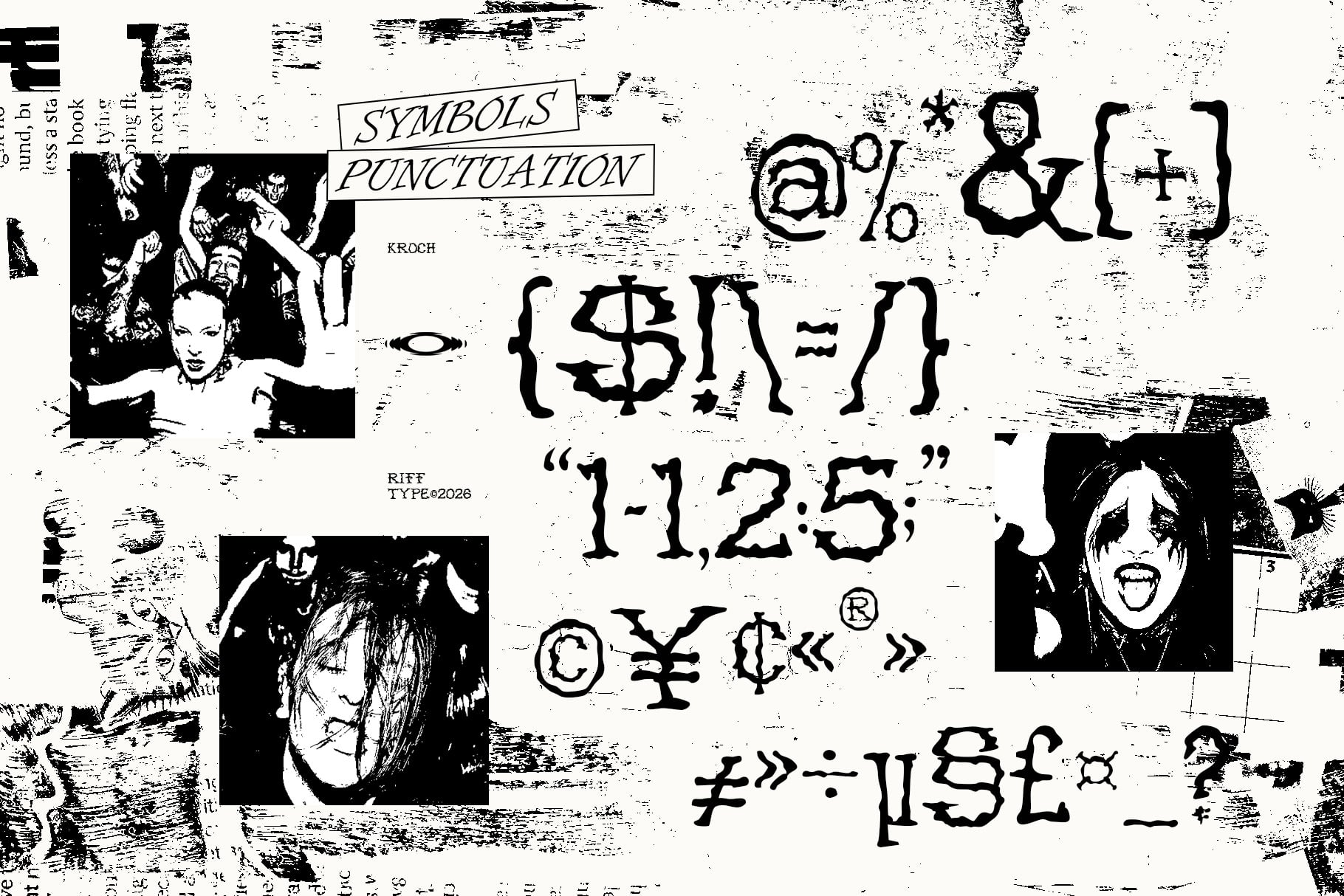 Grungy black symbols, punctuation marks, currency signs scattered across distressed paper with vintage portrait cutouts