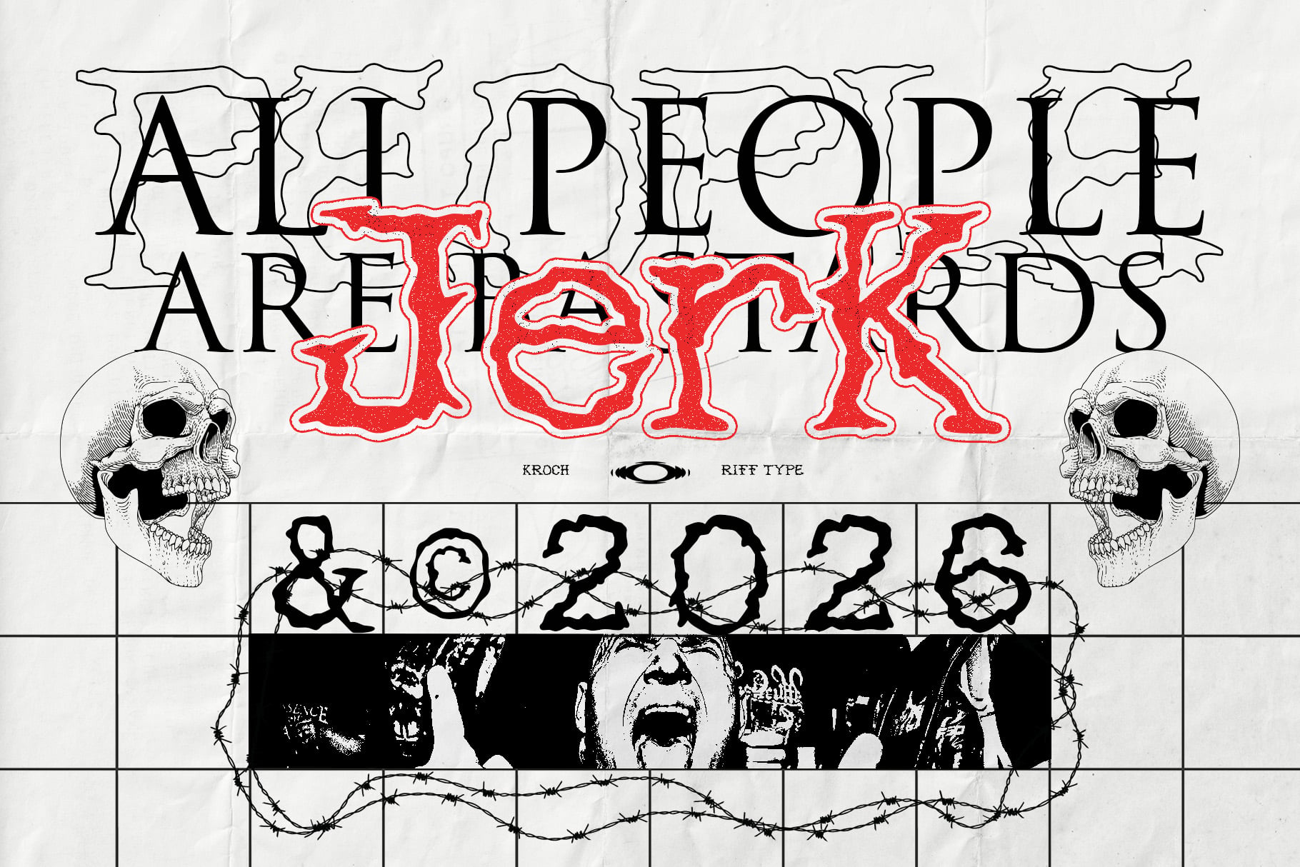 Kroch riff type font with red distressed letters, skulls, barbed wire, gritty imagery, edgy metal vibes