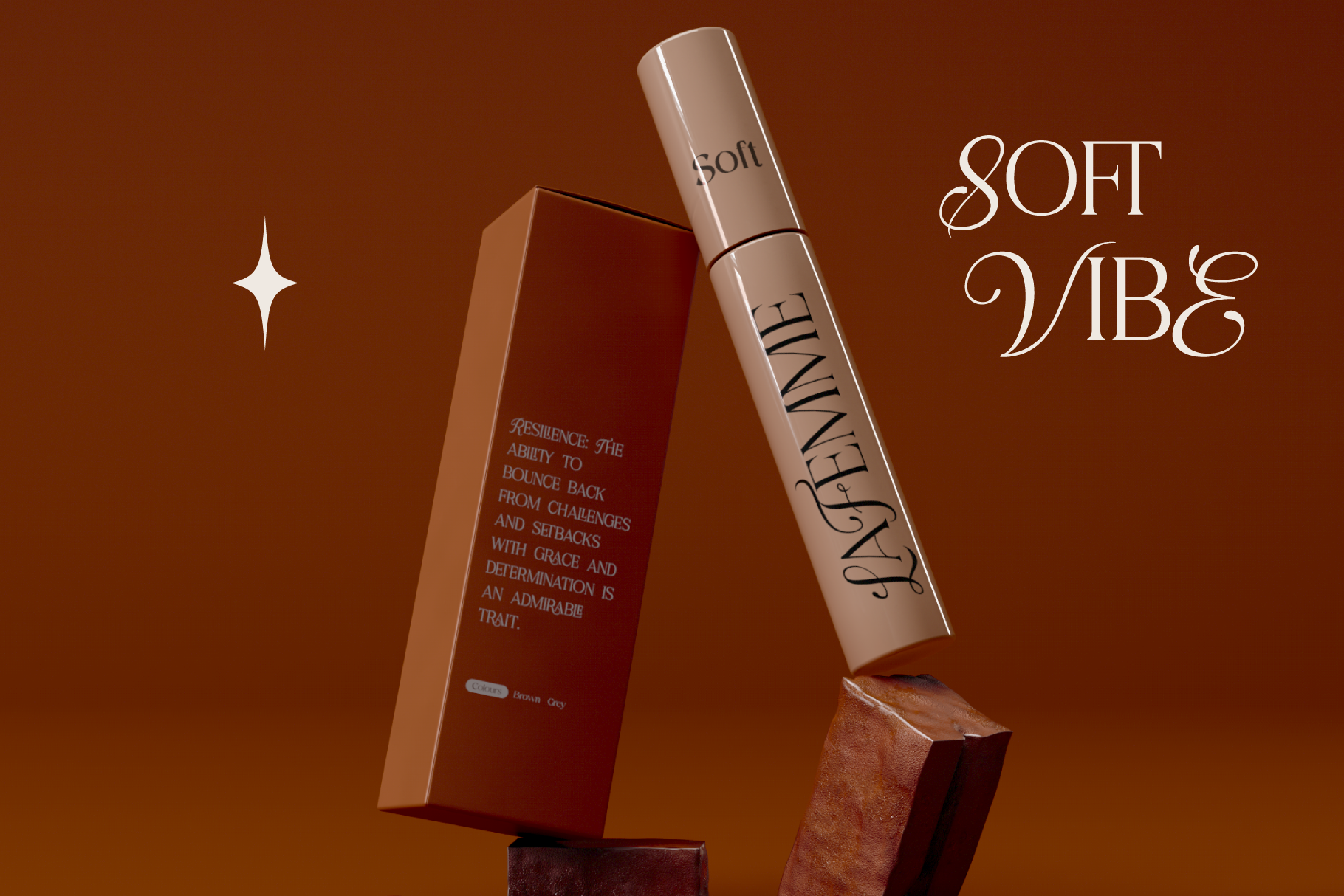 Luxury beauty product mockup with burgundy box, rose gold tube, soft vibe text, brown gradient background