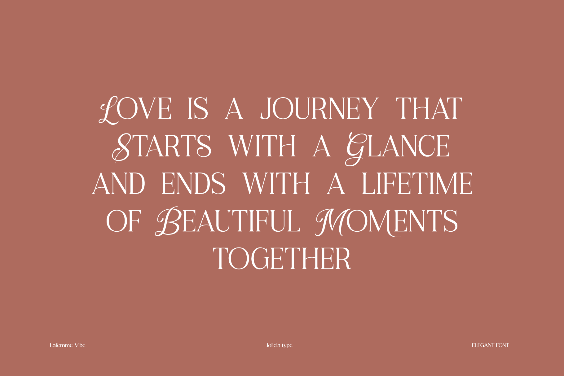 Romantic quote in elegant serif font on warm terracotta background with font credits