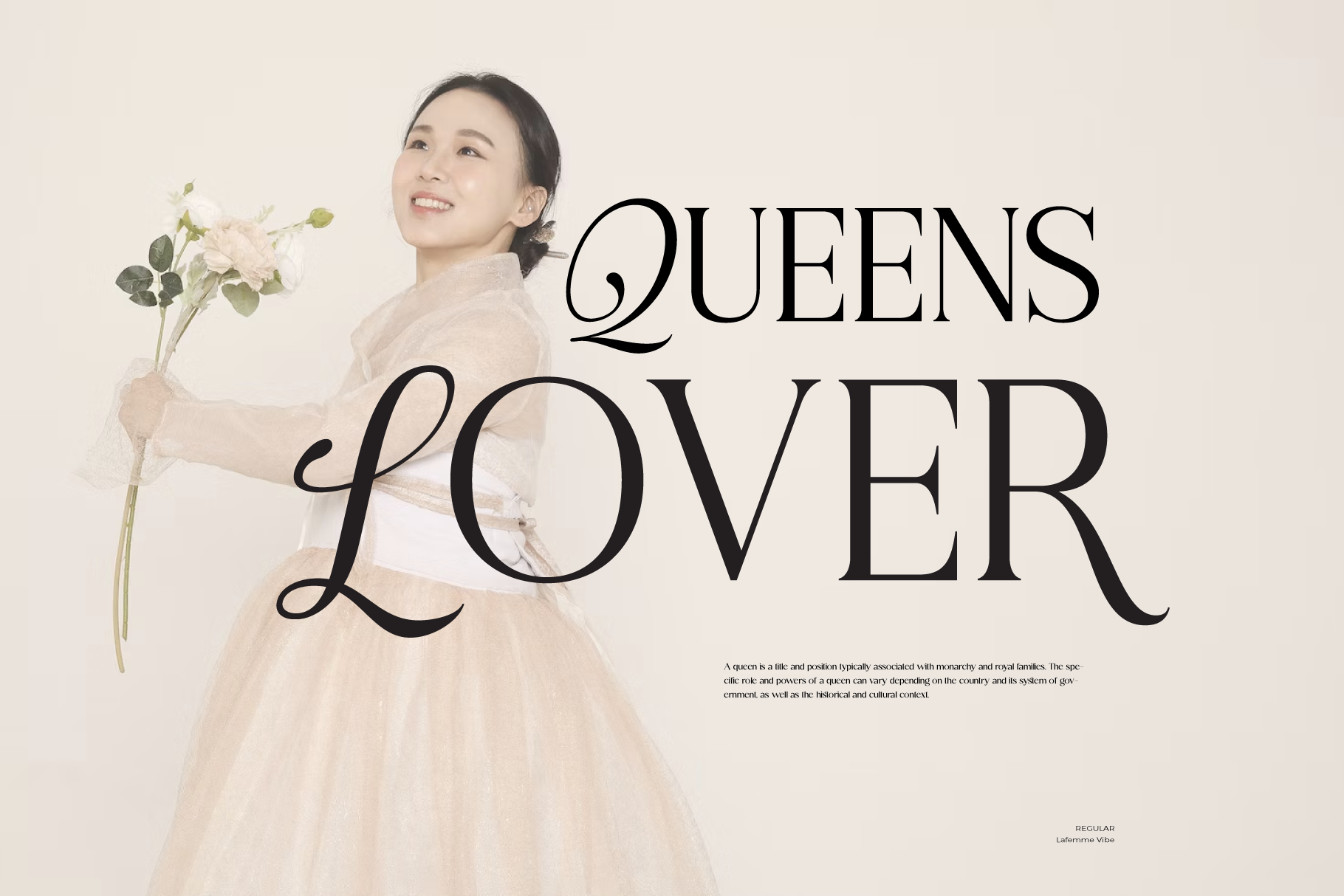 Elegant woman in cream gown holding white flowers with Queens Lover typography overlay