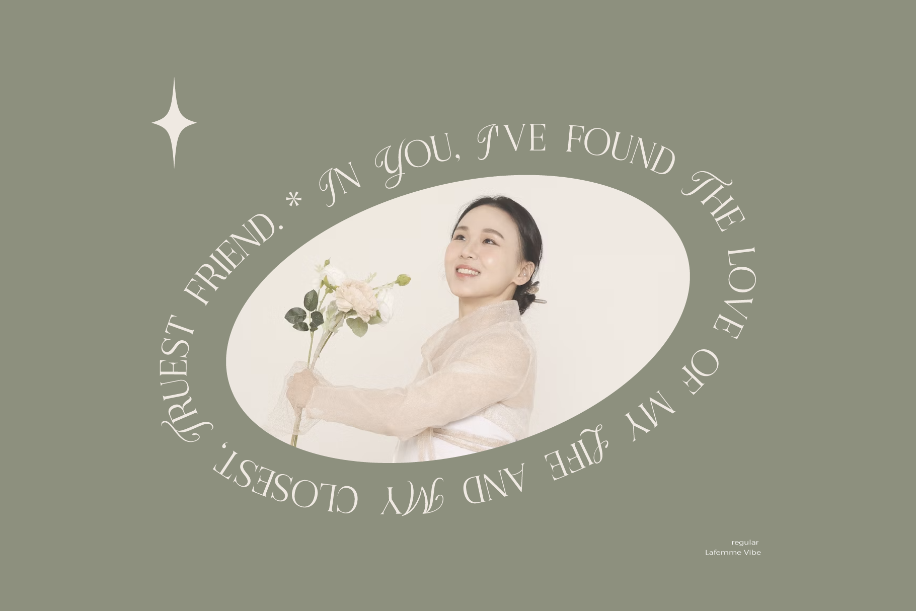 Woman in cream shirt holding white flowers inside oval frame with circular text on sage background