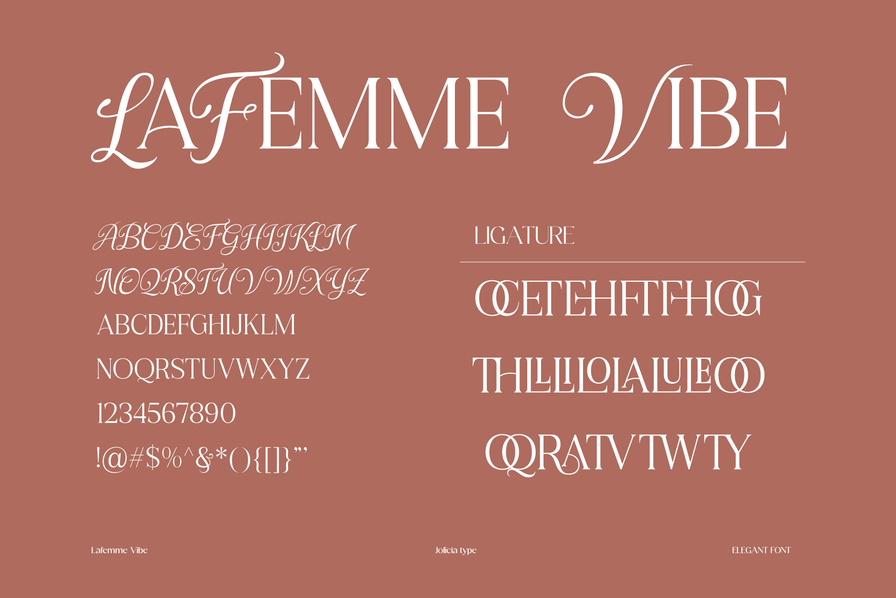 Lafemme Vibe elegant serif font with ligatures, alternates, numbers displayed on dusty rose background