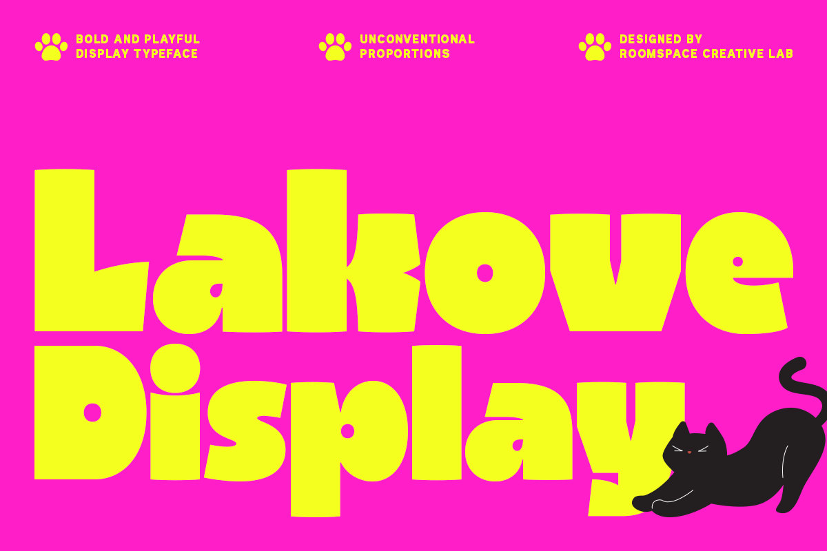 Bright neon yellow display font with playful cat stretching on hot pink background