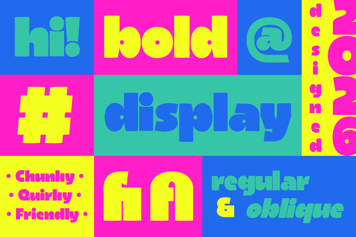 Chunky colorful font family with 6 weights from friendly to bold, neon palette