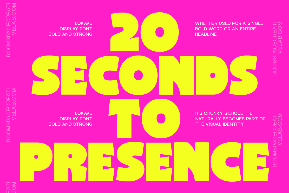 Lokave bold display font specimen showing massive neon yellow letters on hot pink background