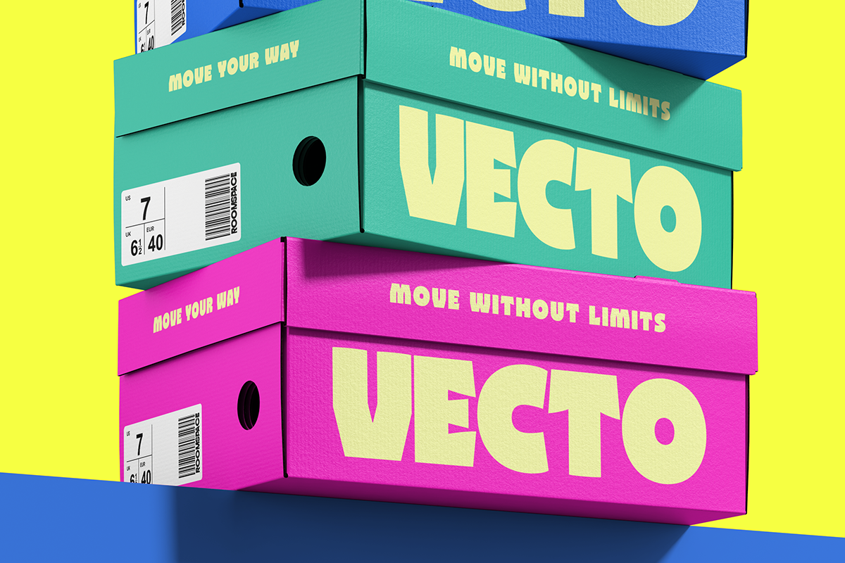Stacked shipping boxes in turquoise, magenta, blue with bold yellow typography on neon background