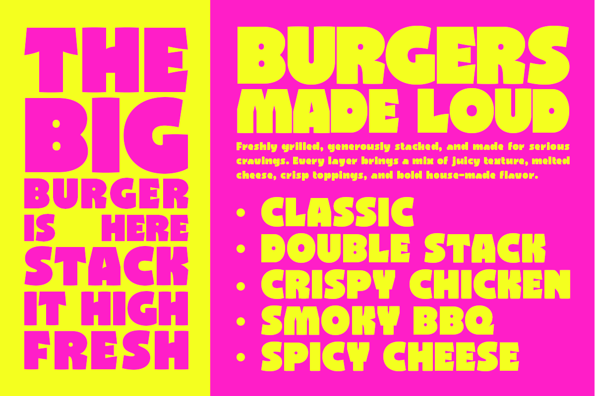 Bold neon yellow type on hot pink background promoting stacked burger menu with flavor options