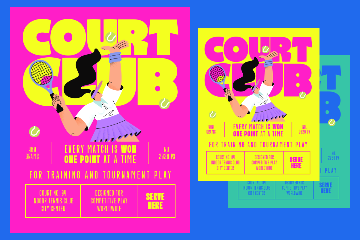Court Club tennis tournament poster mockup with neon pink, yellow, blue colorway
