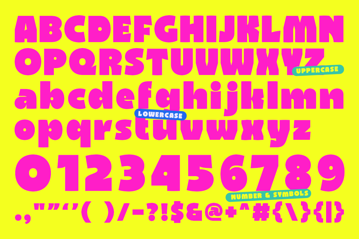 Neon pink typeface on bright yellow background showing uppercase, lowercase, numbers, symbols with labels