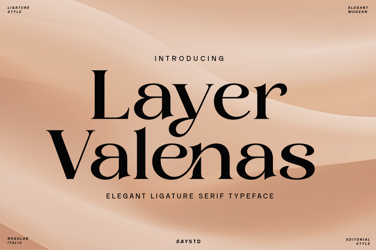 Layer Valenas serif font specimen with elegant typography on warm beige background