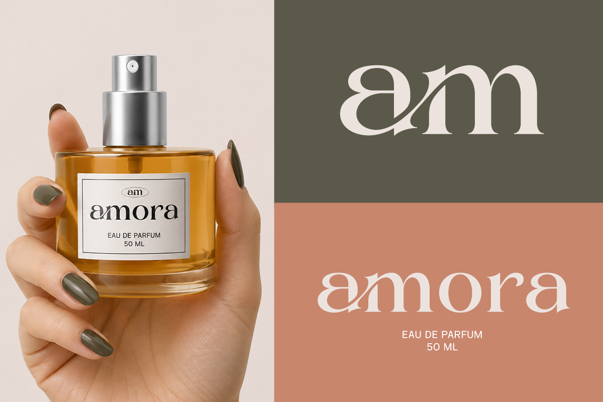 Luxury fragrance bottle mockup with hand holding golden eau de parfum in minimalist branding display