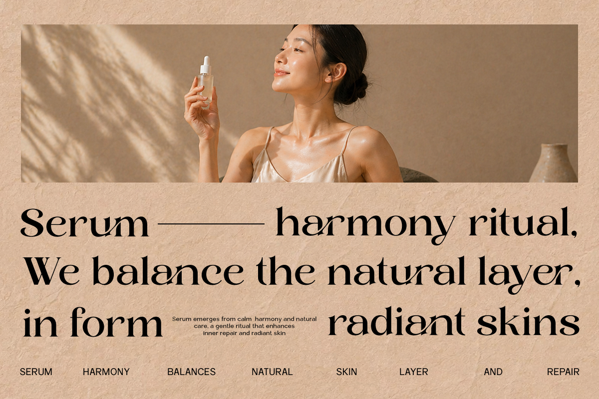 Woman holding skincare serum bottle with minimalist beige typography layout about natural beauty rituals