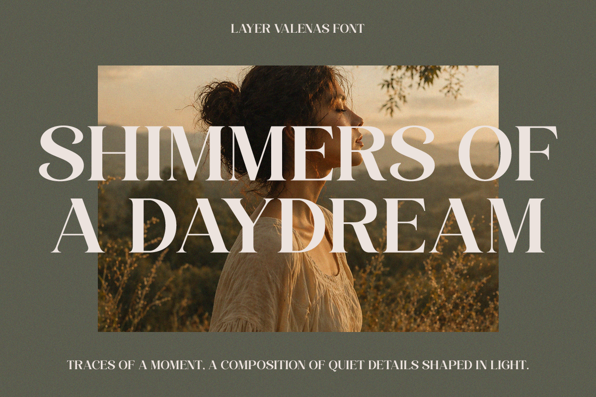 Layer Valenas serif font with elegant letterforms overlaid on dreamy golden hour photography
