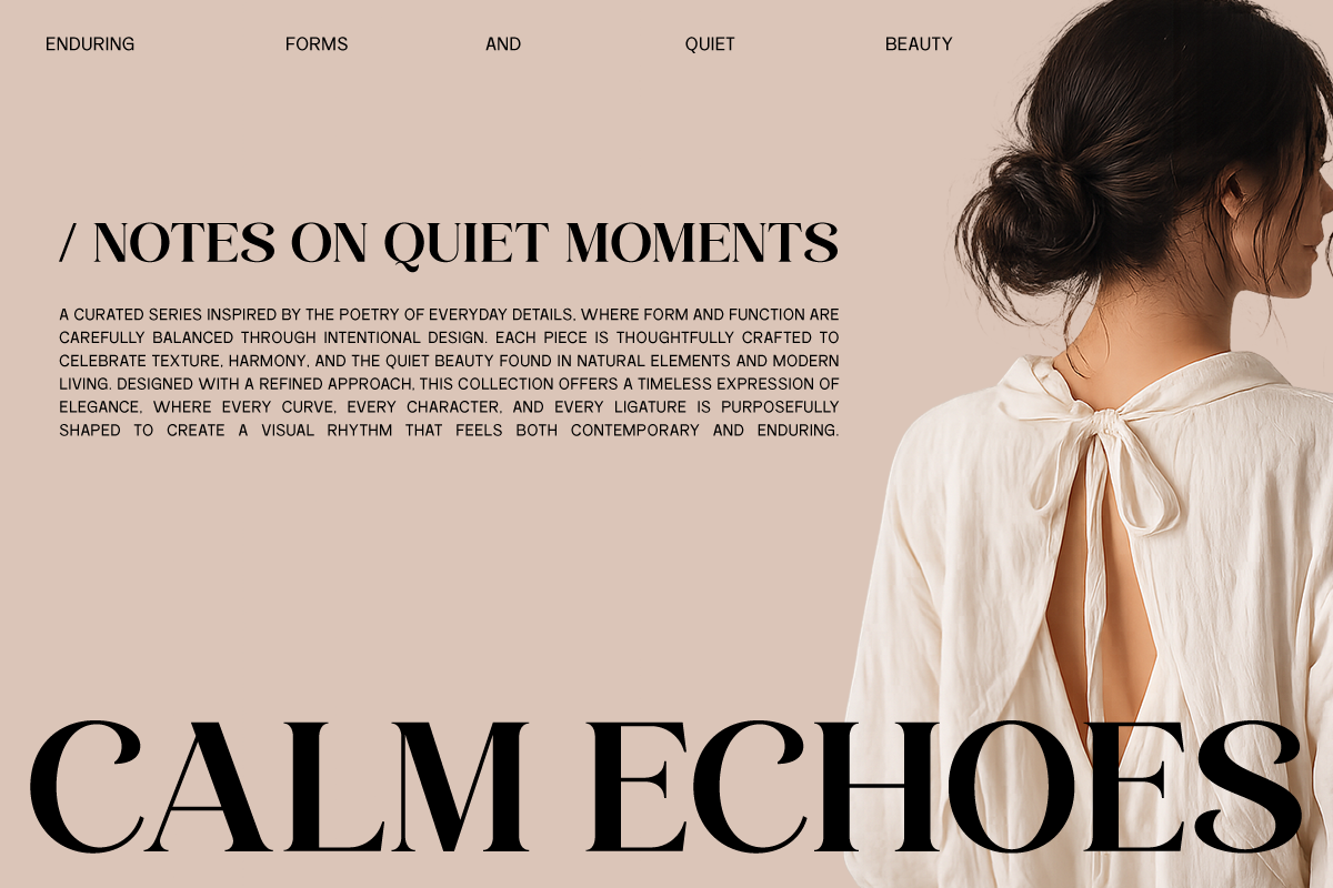 Woman in cream linen shirt with back tie detail, dark hair in bun, beige background with typography layout