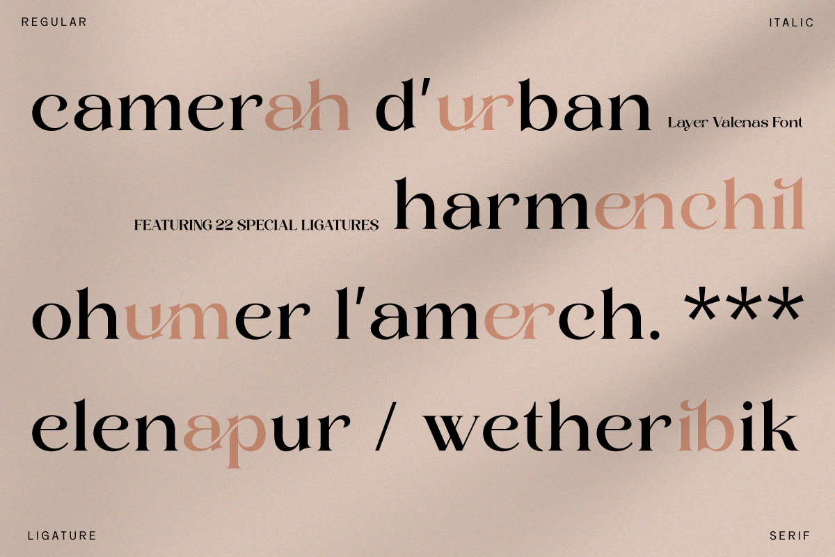 Layer Valenas Font showcase with 22 special ligatures in regular, italic, serif styles
