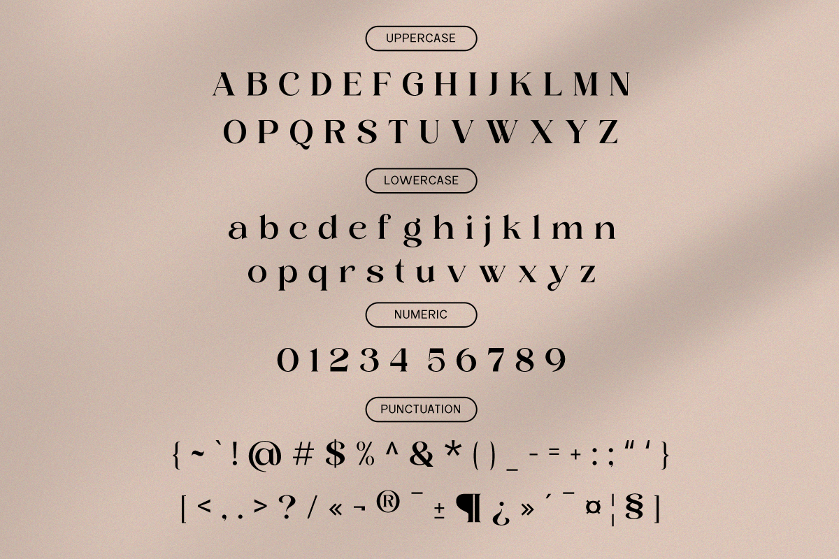 Serif typeface specimen showing uppercase, lowercase, numbers, plus punctuation marks on beige background