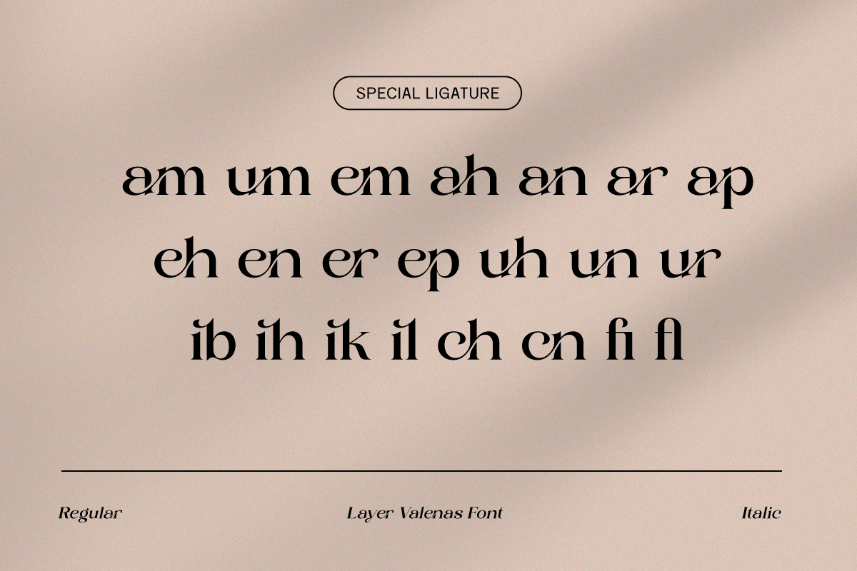 Layer Valenas Font displaying special ligatures with regular plus italic style options