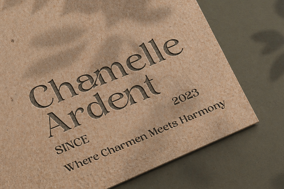Debossed text on kraft paper reading "Chamelle Ardent Since 2023 Where Charmen Meets Harmony"