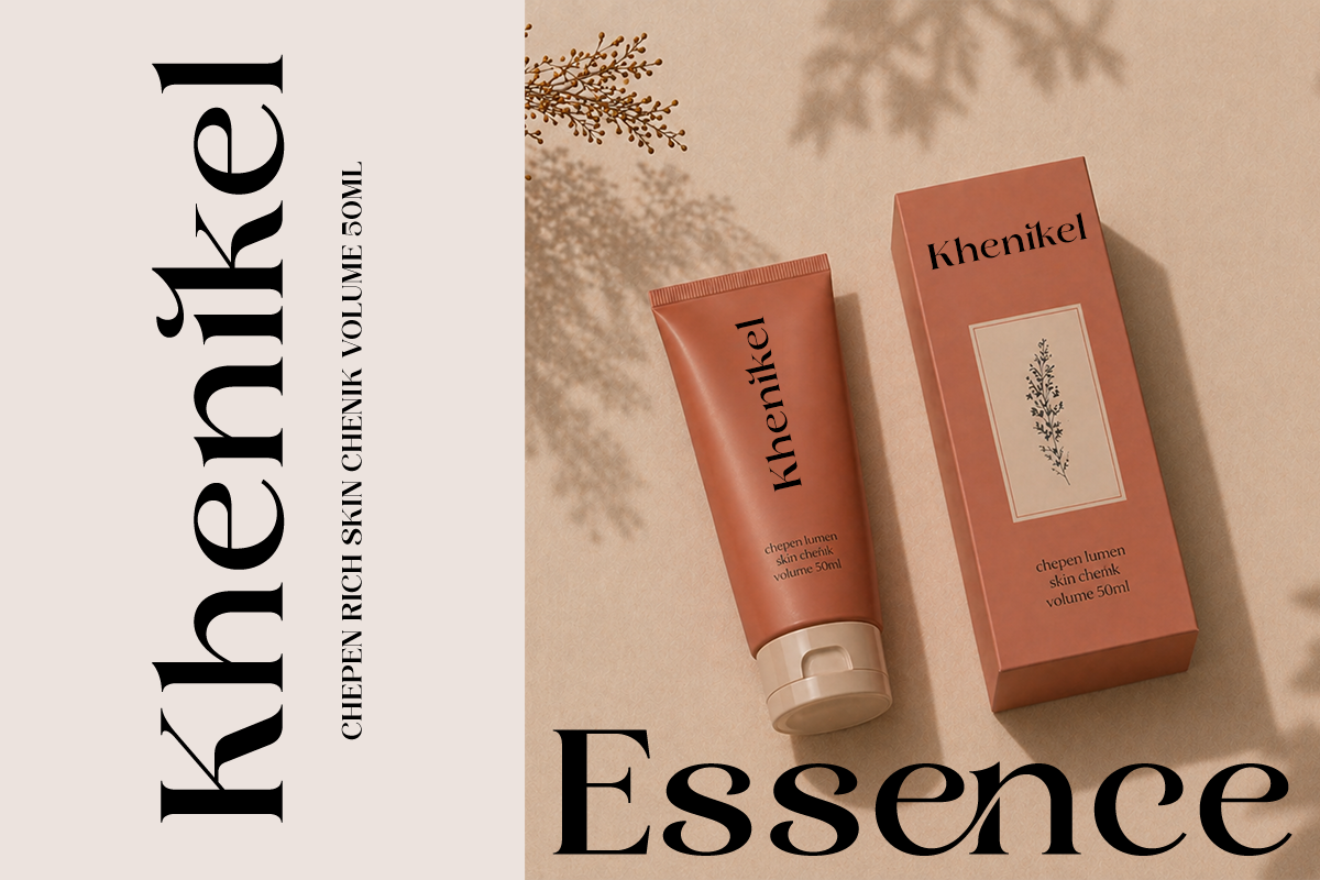 Khenikel skincare tube with box mockup in terracotta, botanical shadows on beige background