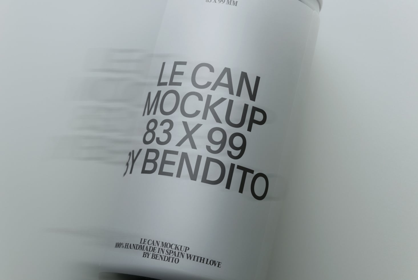 Tall white can mockup with bent label showing tilted text layout on matte surface