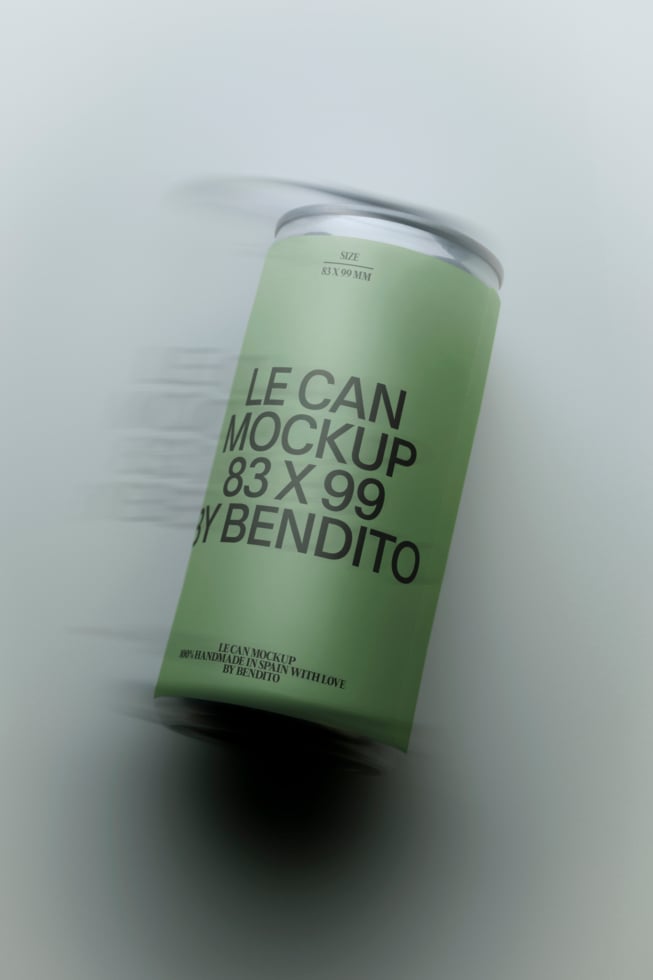 Tall slim can mockup with soft green label, silver rim, angled perspective on light gray background