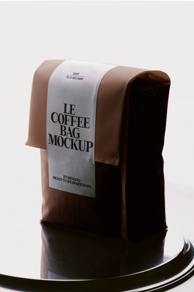 Brown coffee bag mockup with white label showing size specs