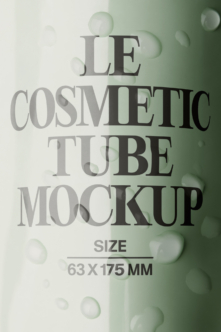 Le Cosmetic Tube mockup with soft green bokeh background, 63x175mm size shown
