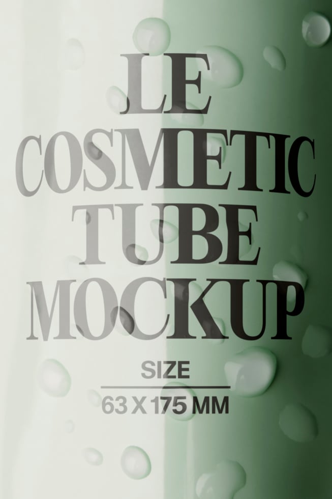 Le Cosmetic Tube mockup with soft green bokeh background, 63x175mm size shown