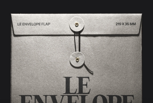 Lee envelope flap mockup with brass fasteners on textured gray paper stock